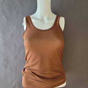 VPL Ribbed Tank Top M Medium Brown Sheer Scoop Neck Sleeveless Stitching Basics